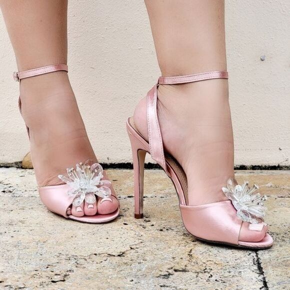 Shoes - Women's Satin Ankle Strap High Heels Mauve Color